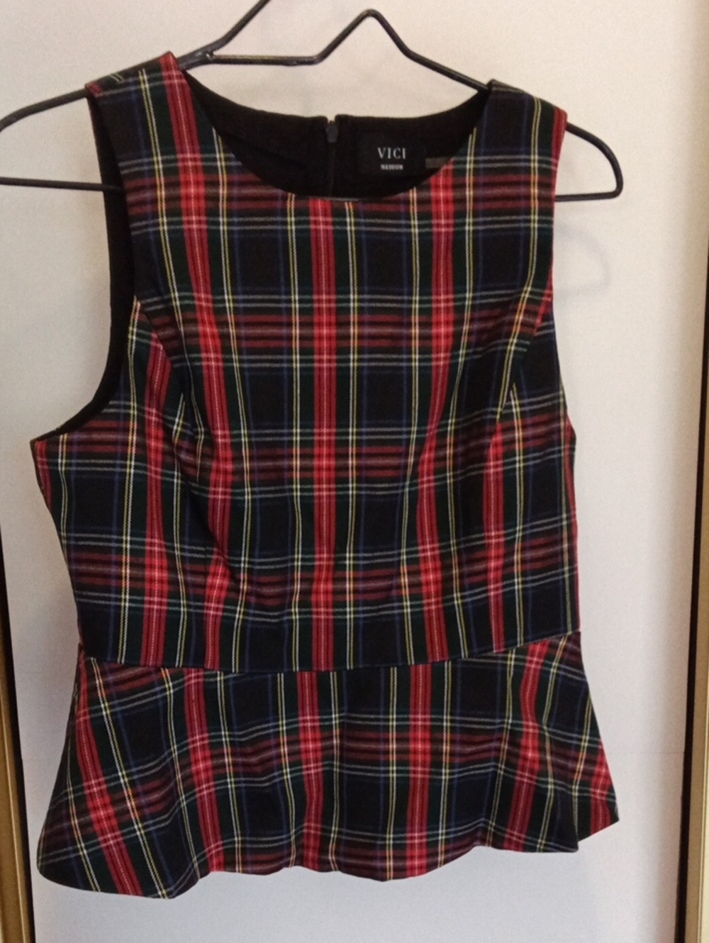 VICI Black Plaid Peplum Top with Red, Blue & Yellow Tartan